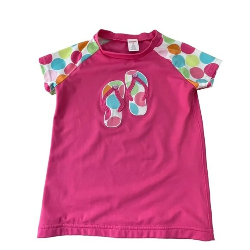Gymboree Rash Guard Girls 9 Pink Excellent Polka Dot Flip Flop Applique Shirt‎